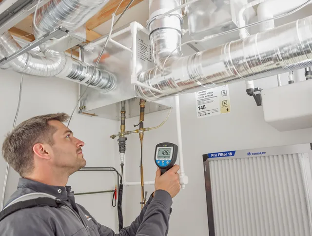 Sharon Air Duct Cleaning expert conducting detailed filter system inspection using diagnostic tools in Sharon